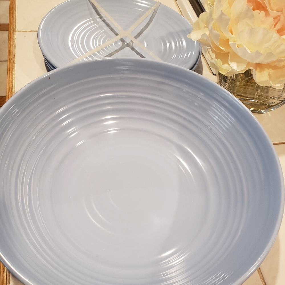 Bowl & 4 plate set, new, blue, thick plastic.